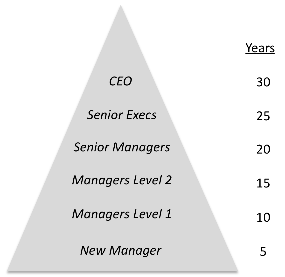 A management pyramid from New Manager (5 years) at the base up to CEO (30 years) at the top, showing years of tenure within the organization at each level.